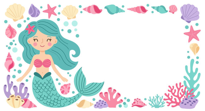 A cartoon mermaid with long teal hair and a shiny tail swims amidst colorful coral, seashells, and sea creatures in a whimsical underwater scene.