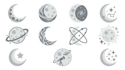 Collection of stylized celestial bodies including moons, planets, and galaxies, rendered in a simple, modern graphic style. © tr