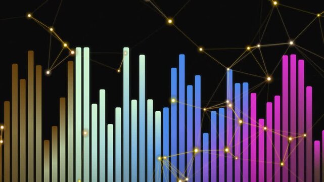 Abstract digital equalizer bars pulse with golden network nodes on a black background.