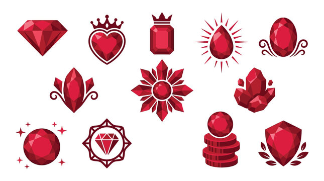 Collection of red gemstone icons and symbols, including diamonds, crowns, and crystals, representing luxury and value.