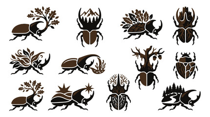 Collection of stylized rhinoceros beetles with natural elements integrated into their design. © tr