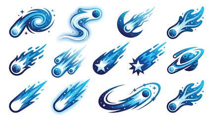Collection of blue comets and meteors with trails, stars, and planets in a cosmic swirl. © tr