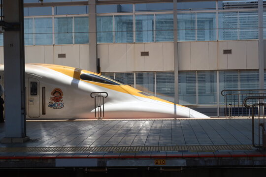 Shinkansen One Piece anime collaboration train stopped at Kokura Station platform in Fukuoka, Japan, May 12, 2026