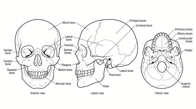 Detailed anatomical views of the human skull with labeled bones.