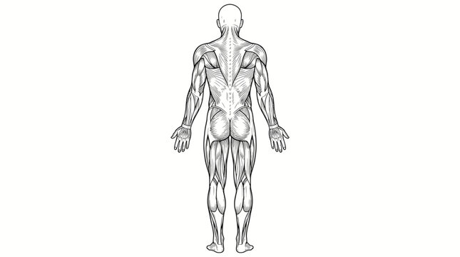 Detailed human muscular system back view anatomy illustration.