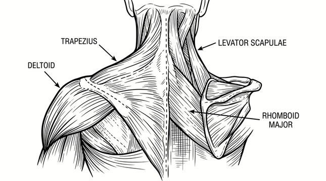 Anatomical illustration of the human trapezius, deltoid, and rhomboid major muscles. Vector illustration. Isolated on a white background.