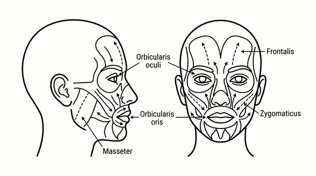 Detailed anatomical illustration of human facial muscles. Vector illustration. Isolated on a white background.