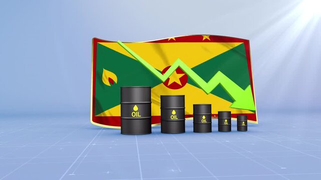Grenada Oil Price Falling with Oil Barrels Downward Green Arrow and 3D Financial Data Visualization Graphs for Economy and Business Concept