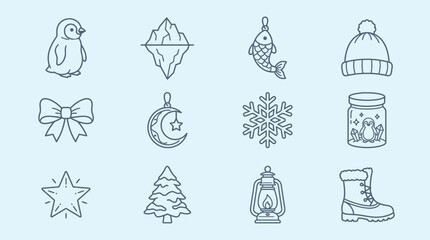 A collection of cute winter-themed icons including a penguin, iceberg, fish, hat, bow, crescent moon, snowflake, jar, star, Christmas tree, lantern, and boot. © KN collection