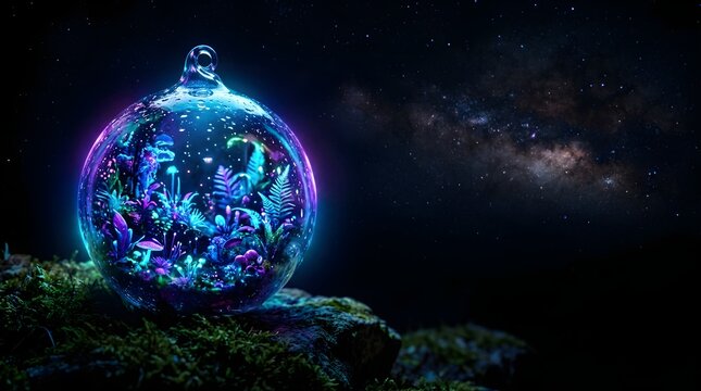 Glowing magic orb with bioluminescent forest plants on night starry sky