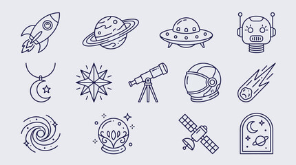 Collection of space-themed icons including a rocket, planets, UFO, robot, astronaut helmet, and telescope. © KN collection