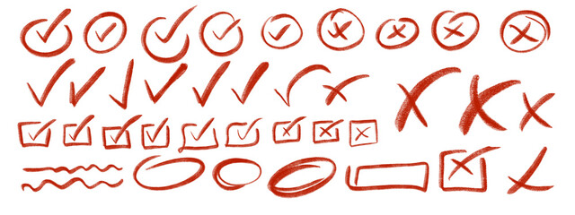 Red Hand Drawn Check Mark and Cross Symbol Collection Isolated Set © Rahima