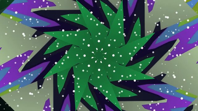 Abstract rotating geometric star kaleidoscope with green and purple shards and falling white dots.