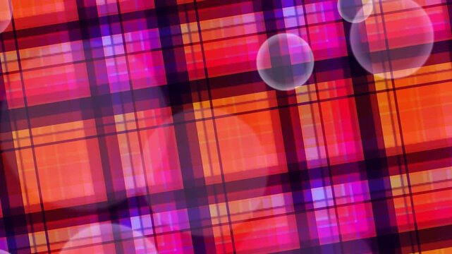 Abstract red and orange geometric plaid background with floating bokeh circles and dynamic glowing lines.