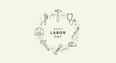 Obraz premium Labor Day celebration illustration with circle of profession tool icons on light background