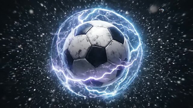 Dynamic electrifying soccer balls surrounded by bolts of lightning in space inspired by futuristic energy effects