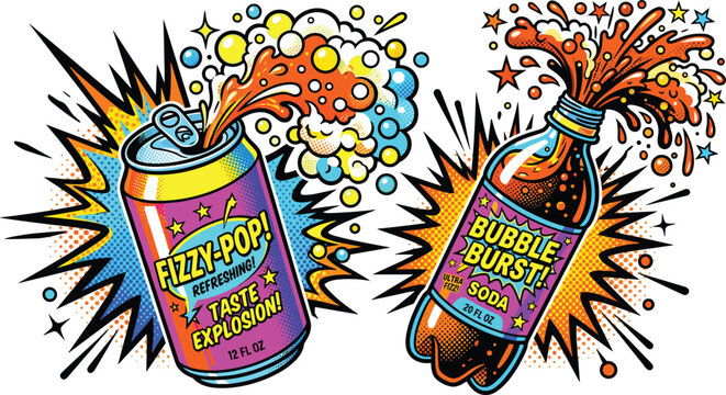 Vibrant pop art soda can and bottle vector illustration with exploding fizzy liquid bubbles splash starburst background and vintage comic style typography