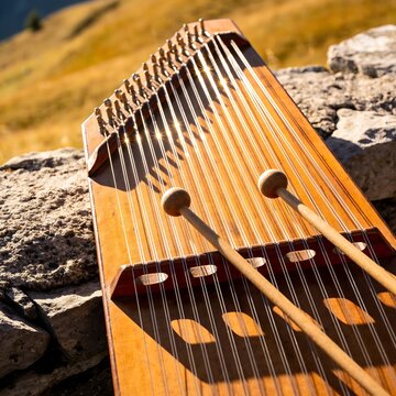 Austrian Hackbrett Hammered Dulcimer on Alpine Stone Wall &mdash; Golden Hour, Beater Hammers, Tanzlmusik Heritage, No Human