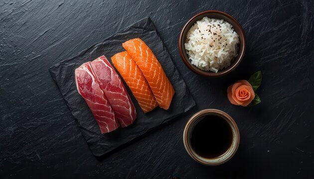Japanese Tuna and Salmon Nigiri with Rice and Soy Sauce: A meticulously prepared plate showcasing fresh, vibrant slices of tuna and salmon nigiri.
