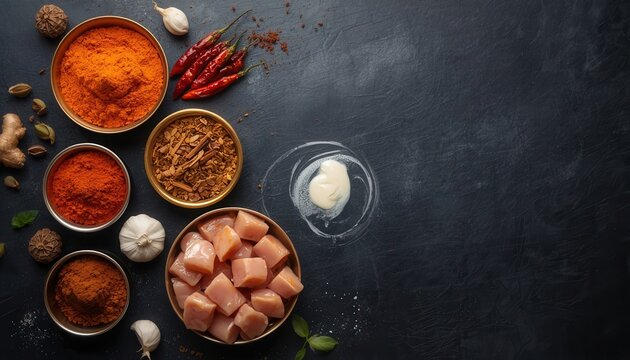 Chicken Curry Ingredients: A top-down view showcases an array of vibrant spices, chili peppers, ginger, garlic, and diced chicken, artfully arranged on a dark slate surface.