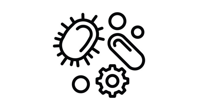 Black and white line art vector icon showing various microscopic bacteria and virus cells arranged in a simple clean graphic style on a plain background