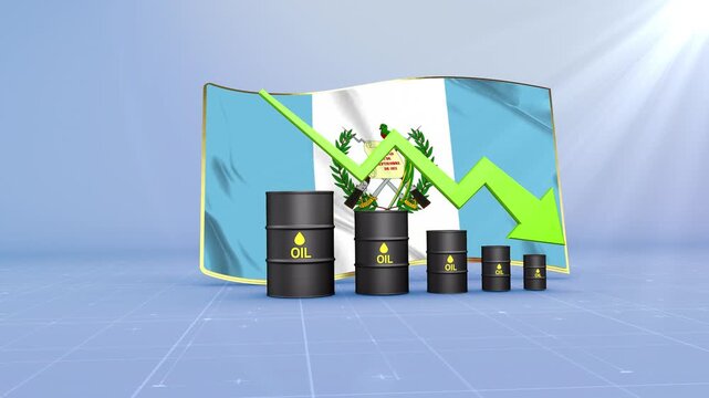 Guatemala Oil Price Falling with Oil Barrels Downward Green Arrow and 3D Financial Data Visualization Graphs for Economy and Business Concept