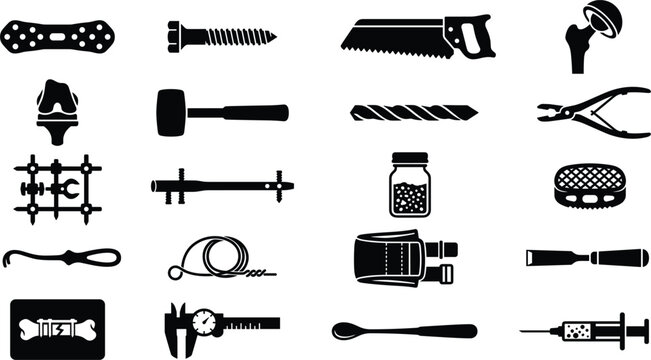 Orthopedic surgery tools and bone fracture medical implants solid icons set for clinic vector design