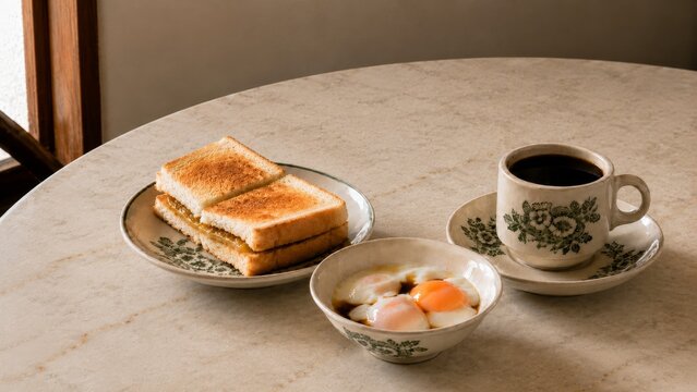 Malaysian kopitiam breakfast with kaya toast, soft boiled eggs in a plain bowl and black coffee in a simple ceramic cup on marble table surface with copy space