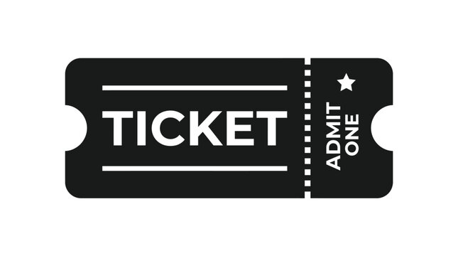 Simple black and white admit one ticket illustration featuring a classic rectangular shape with a star icon and clean typography isolated on a plain background