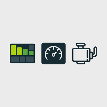 Three modern flat icons for business and technology  graph chart speedometer and printer on light grey background