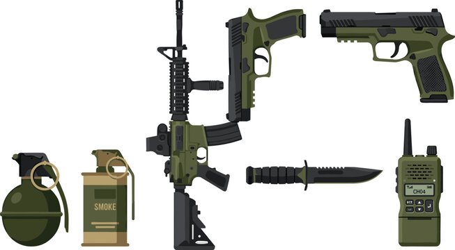 Military tactical weapon and equipment vector icon set featuring automatic assault rifle green handguns fragmentation grenade smoke bomb combat knife walkie talkie