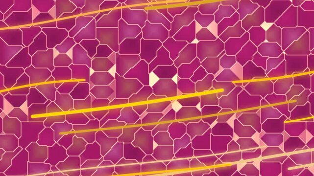 Abstract yellow lines moving over magenta cell pattern background