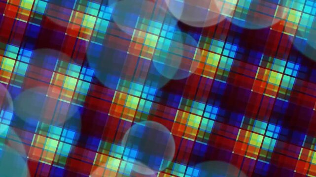 Colorful abstract plaid grid background with glowing bokeh lights.