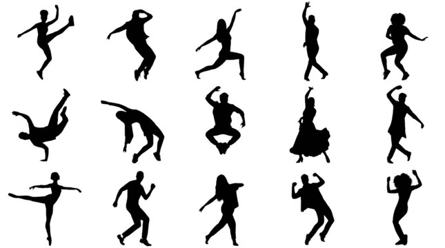 Silhouette people dancing in various dynamic poses isolated on transparent background, Vector