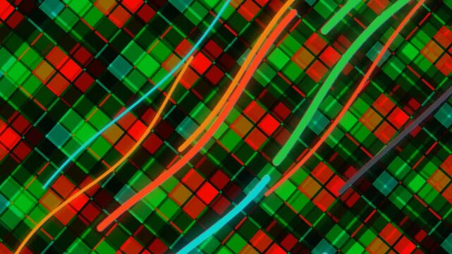 Colorful animated glowing lines move over abstract red and green plaid background.