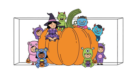 Fototapeta premium Cute Halloween Characters and Kids in Costumes Around a Giant Pumpkin