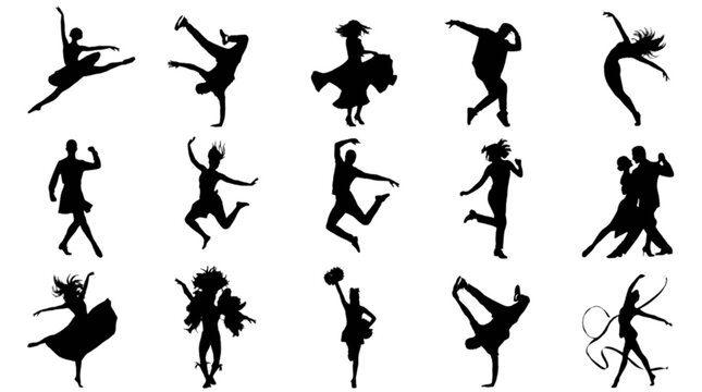 Silhouette collection of dancers in dynamic jumping poses isolated on transparent background, Vector