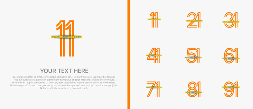 anniversary logo set with yellow ribbon. orange number on white background for celebration moment