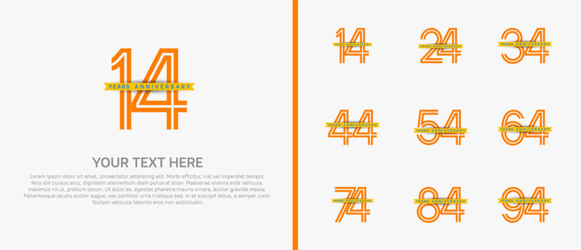 anniversary logo set with yellow ribbon. orange number on white background for celebration moment