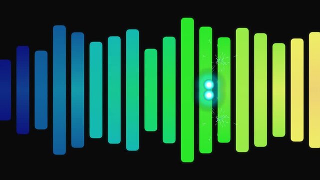 Animated colorful sound equalizer bars visually react to audio creating a vibrant abstract spectrum visualization on a dark background.