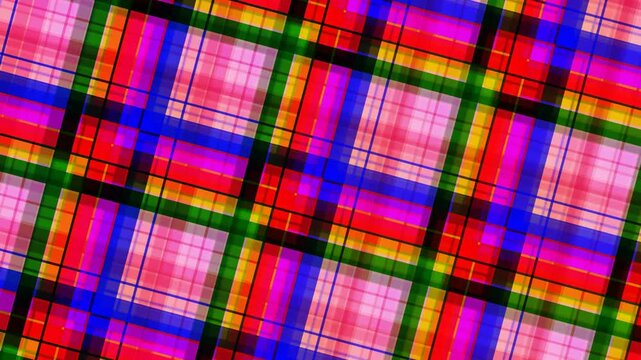 Colorful vibrant plaid pattern with overlapping geometric stripes as abstract background.