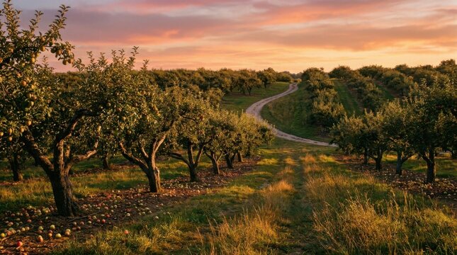 Serene Orchard Landscape at Sunset with Lush Trees and Pathway