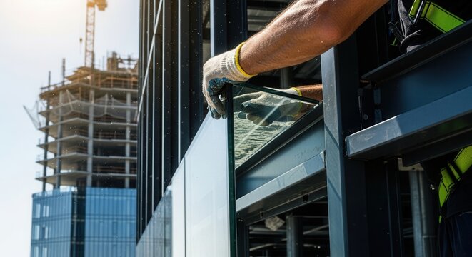 Worker Installing Glass On High Rise Building Construction Site