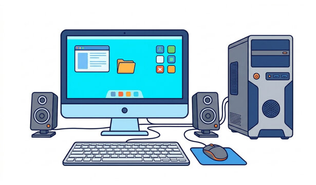 Complete desktop computer cartoon vector illustration isolated on white background