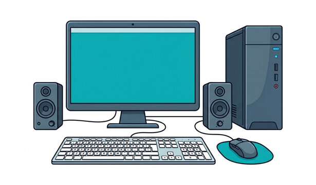 Complete desktop computer cartoon vector illustration isolated on white background