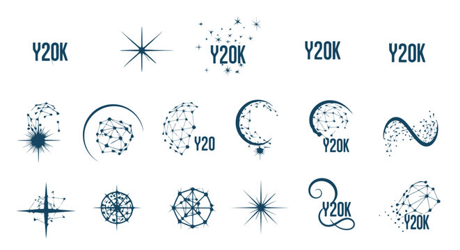 A collection of abstract, star-like, and celestial-themed logos and graphic elements, many featuring the text "Y20K".
