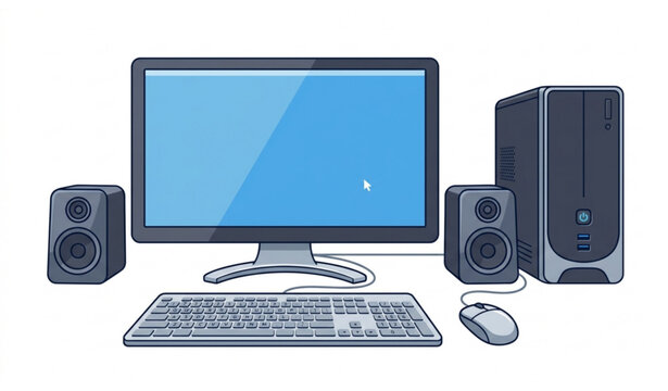 Complete desktop computer cartoon vector illustration isolated on white background