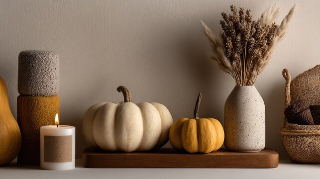 Autumn still life with pumpkins, candle and dried flowers on shelf
