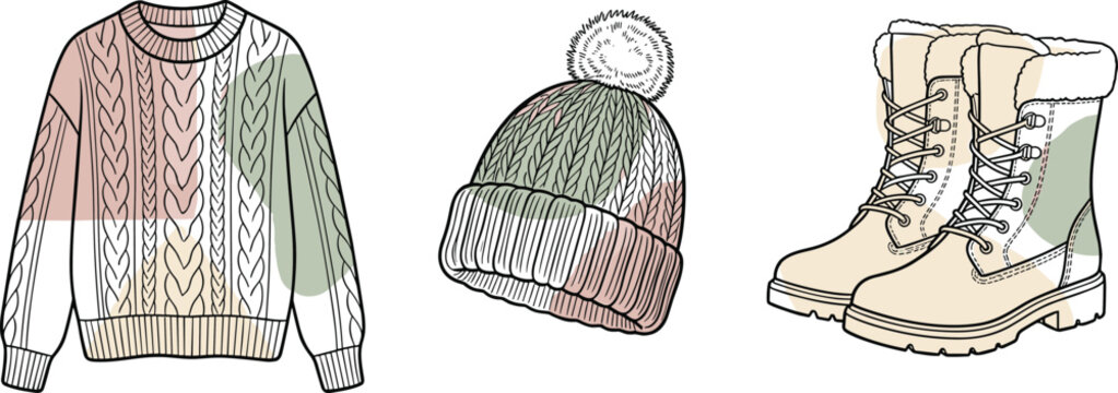 Cozy autumn seasonal capsule wardrobe vector illustration set featuring line art knit cable sweater pompom beanie hat and fur winter boots