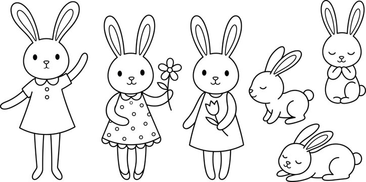 Cute cartoon rabbits collection with bunny characters holding flowers wearing dresses for coloring book or easter design,